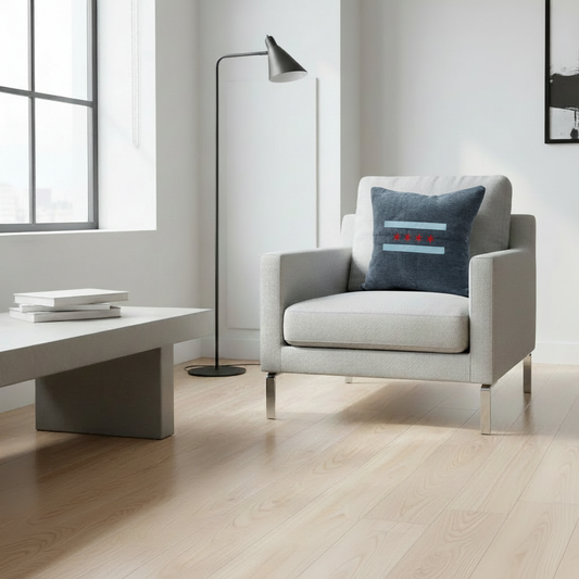 Square Chicago flag throw pillow on chair