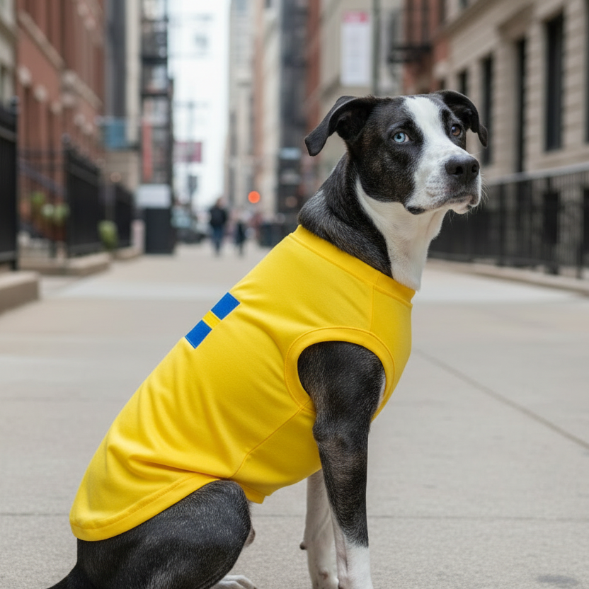 swedish flag dog shirt on white dog