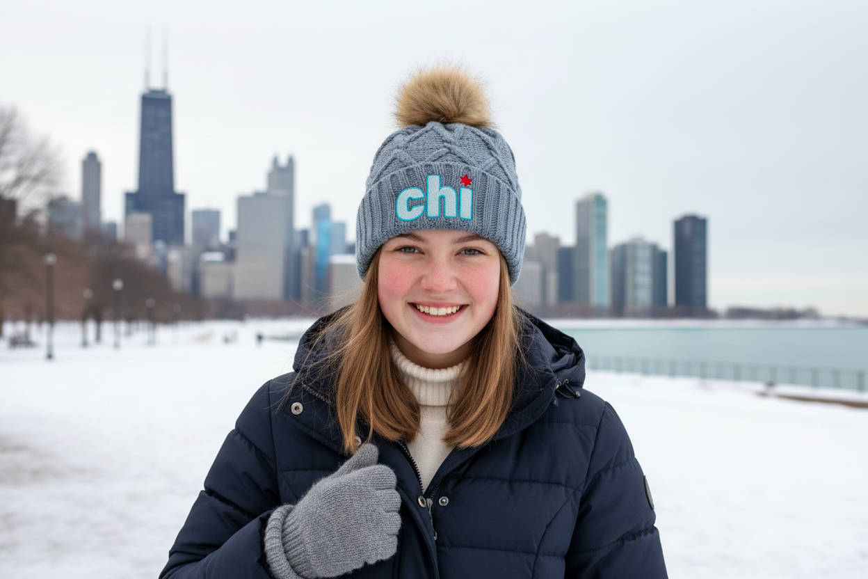 Teenage girl wearing gray CHI beanie from listing