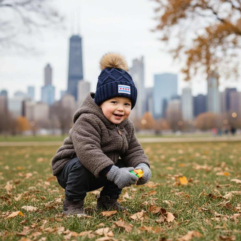Toddler boy in navy beanie at Chicago park