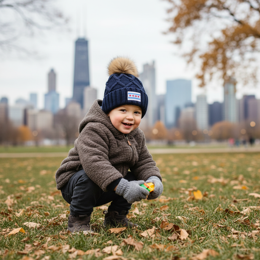 Toddler boy in navy beanie at Chicago park