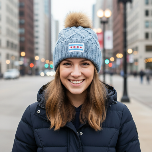 Woman in chicago flag beanie on downtown street - corrected