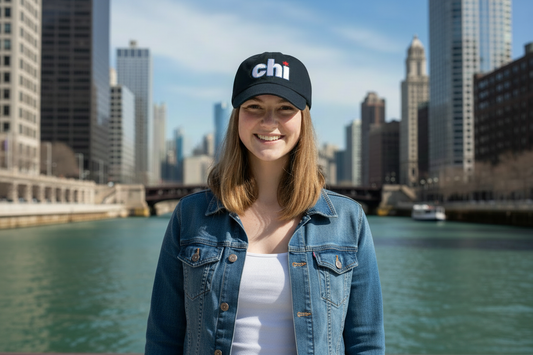 Woman wearing baseball hat with tank top and denim jacket in downtown Chicago