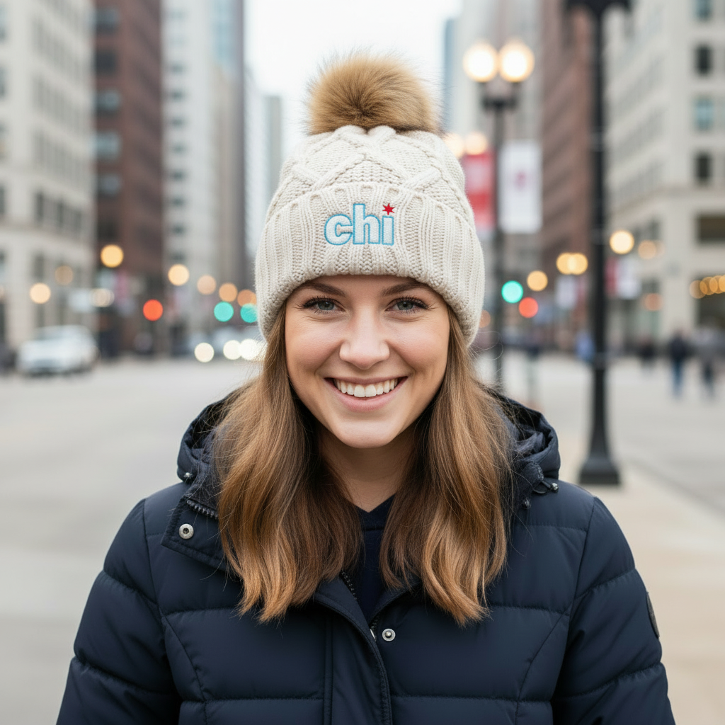 Woman wearing ivory chi beanie on downtown Chicago street