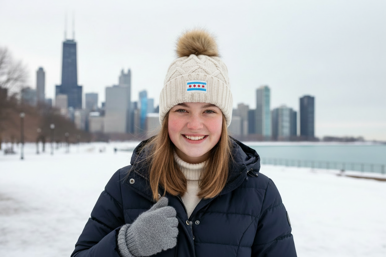 Woman wearing ivory Chicago flag faux fur pom beanie