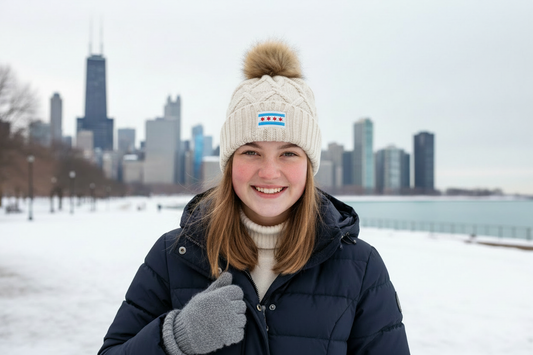 Woman wearing ivory Chicago flag faux fur pom beanie